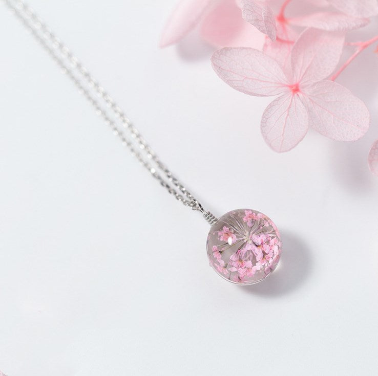 S925 Silver Flower Pendant Necklace with Dried Flowers
