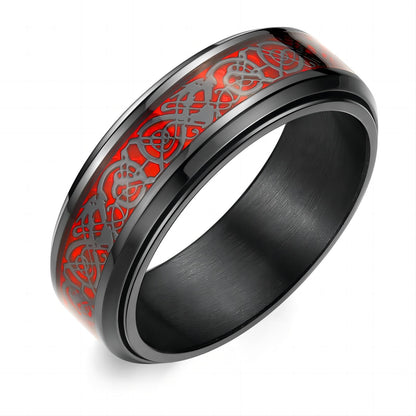 Adreamz 8mm Black Stainless Steel Anxiety Ring for Women Men Fidget Spinner Ring Beveled Edge Red Celtic Dragon Inlay Comfort Fit Wedding Band Size 8