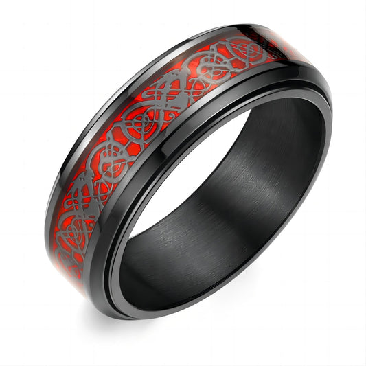 Adreamz 8mm Black Stainless Steel Anxiety Ring for Women Men Fidget Spinner Ring Beveled Edge Red Celtic Dragon Inlay Comfort Fit Wedding Band Size 8