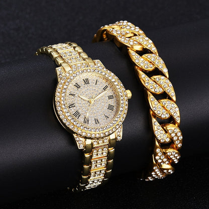 Luxury Roman Numeral Diamond Cuban Link Bracelet with Watch