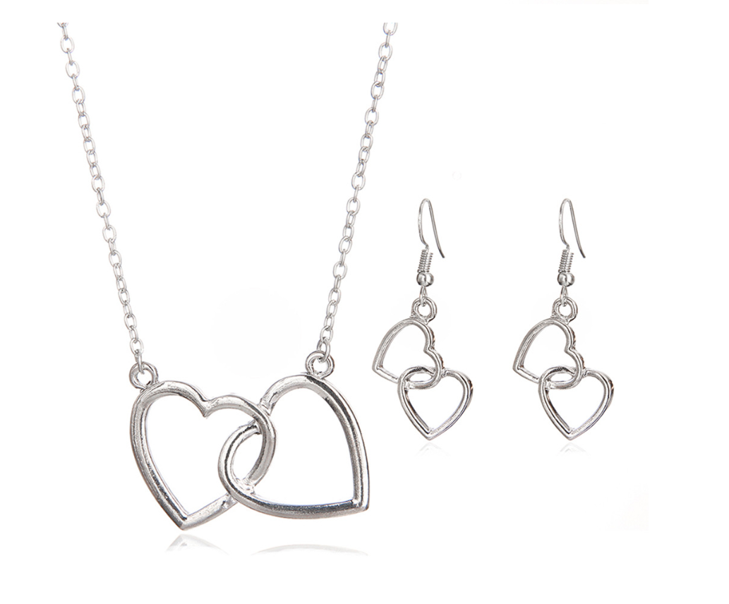 Double Heart Necklace and Earring Set for Women