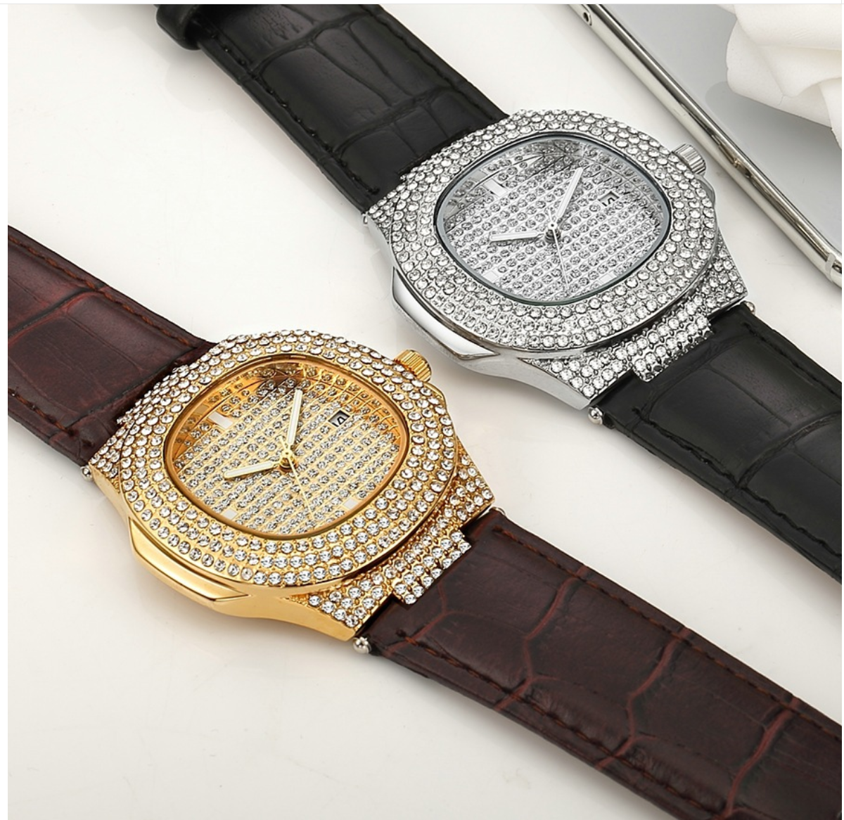Women's Leather Strap Watch with Diamonds, Fashionable Design