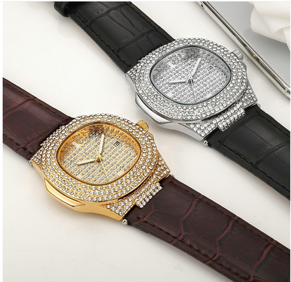 Women's Leather Strap Watch with Diamonds, Fashionable Design