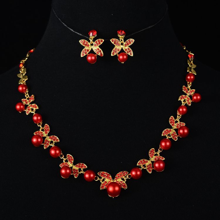 Korean Bride Pearl Four-Leaf Clover Necklace Set