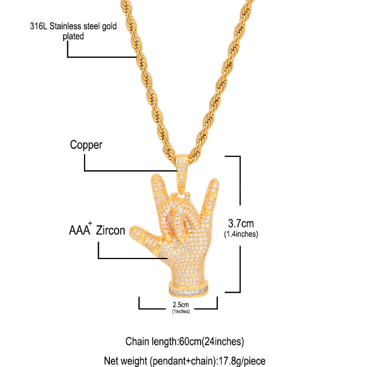 Hip-Hop Style "I Love You" Gesture Pendant with Zirconia