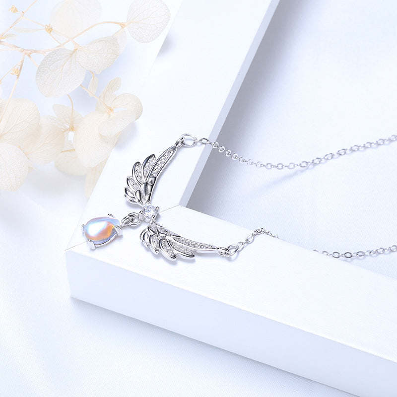 S925 Silver Angel Wing Necklace with Moonstone
