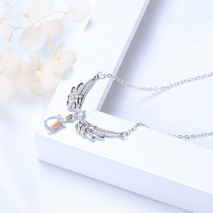 S925 Silver Angel Wing Necklace with Moonstone