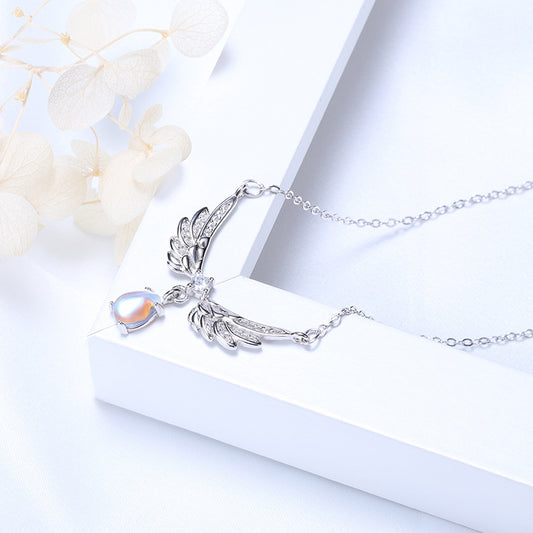 S925 Silver Angel Wing Necklace with Moonstone