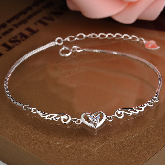 925 Silver Heart Bracelet with Angel Wing Design