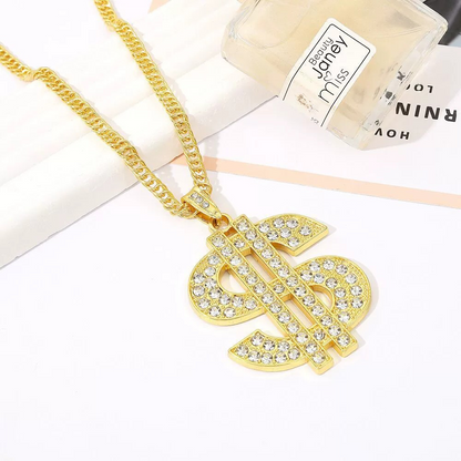 Retro Hip Hop Dollar Sign Necklace with Diamond Pendant