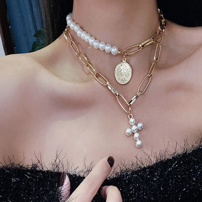 Vintage Pearl Cross Necklace with Queen Coin Pendant