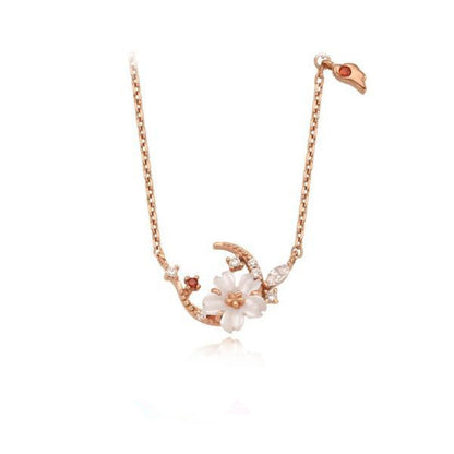 S925 Silver Moon and Flower Pendant Necklace