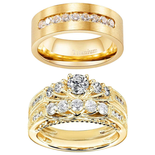 lvrong Couple Rings His Her Wedding Ring Sets for Him and Her Matching Rings Gold Plated AAA CZ Ring