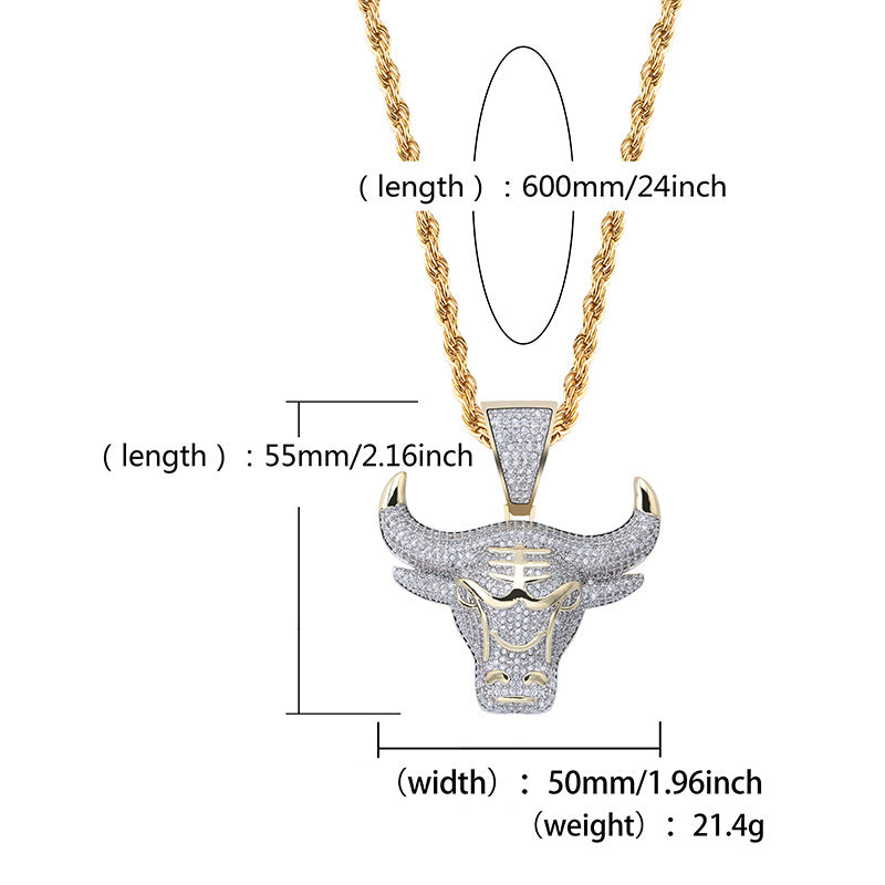 Hip Hop Bull Head Pendant Necklace with Zircon Stones