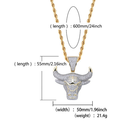 Hip Hop Bull Head Pendant Necklace with Zircon Stones