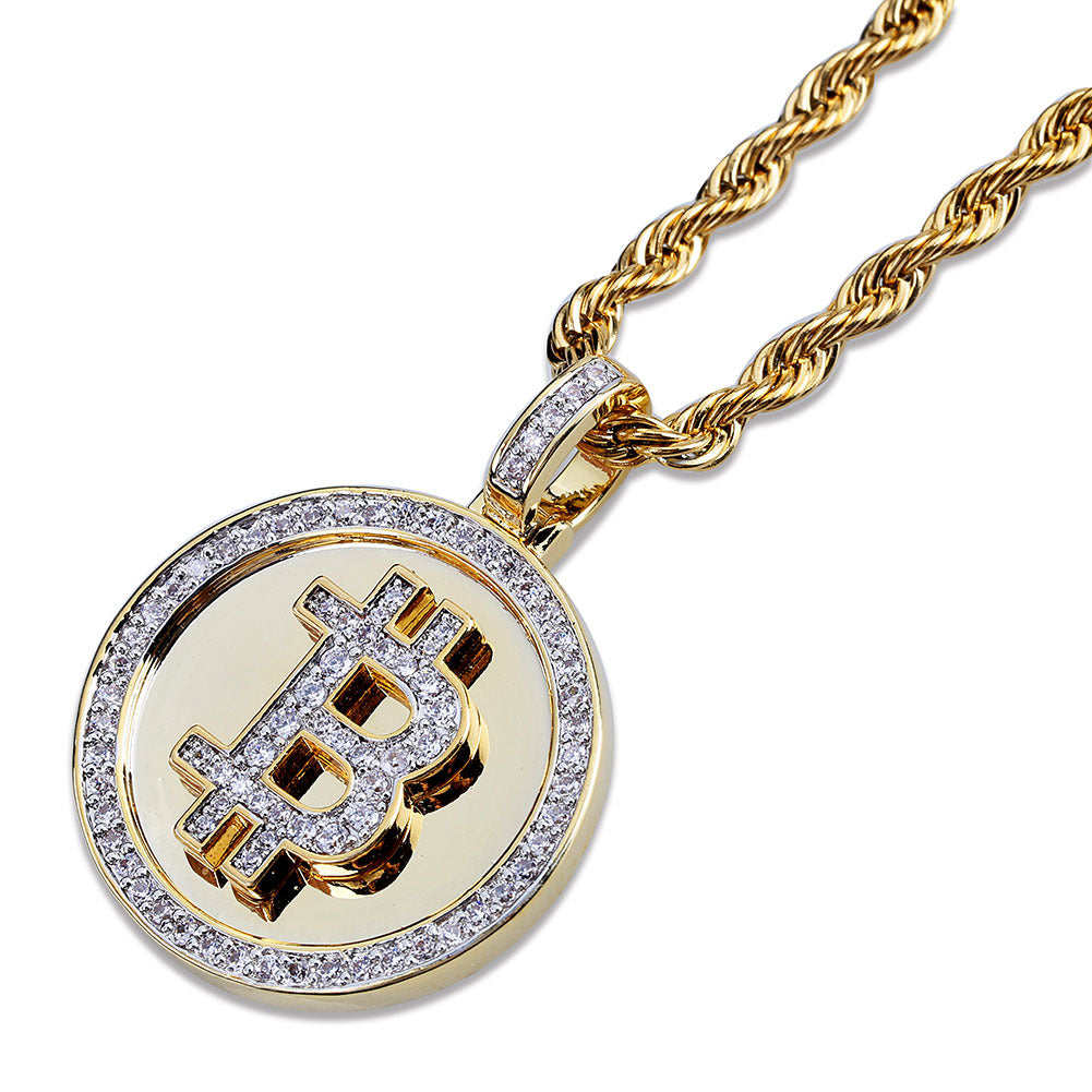 Men's Hip Hop Bitcoin Pendant Necklace with Zirconia