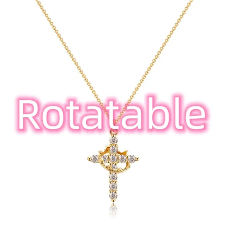 Rotatable Cross Crown Diamond Necklace