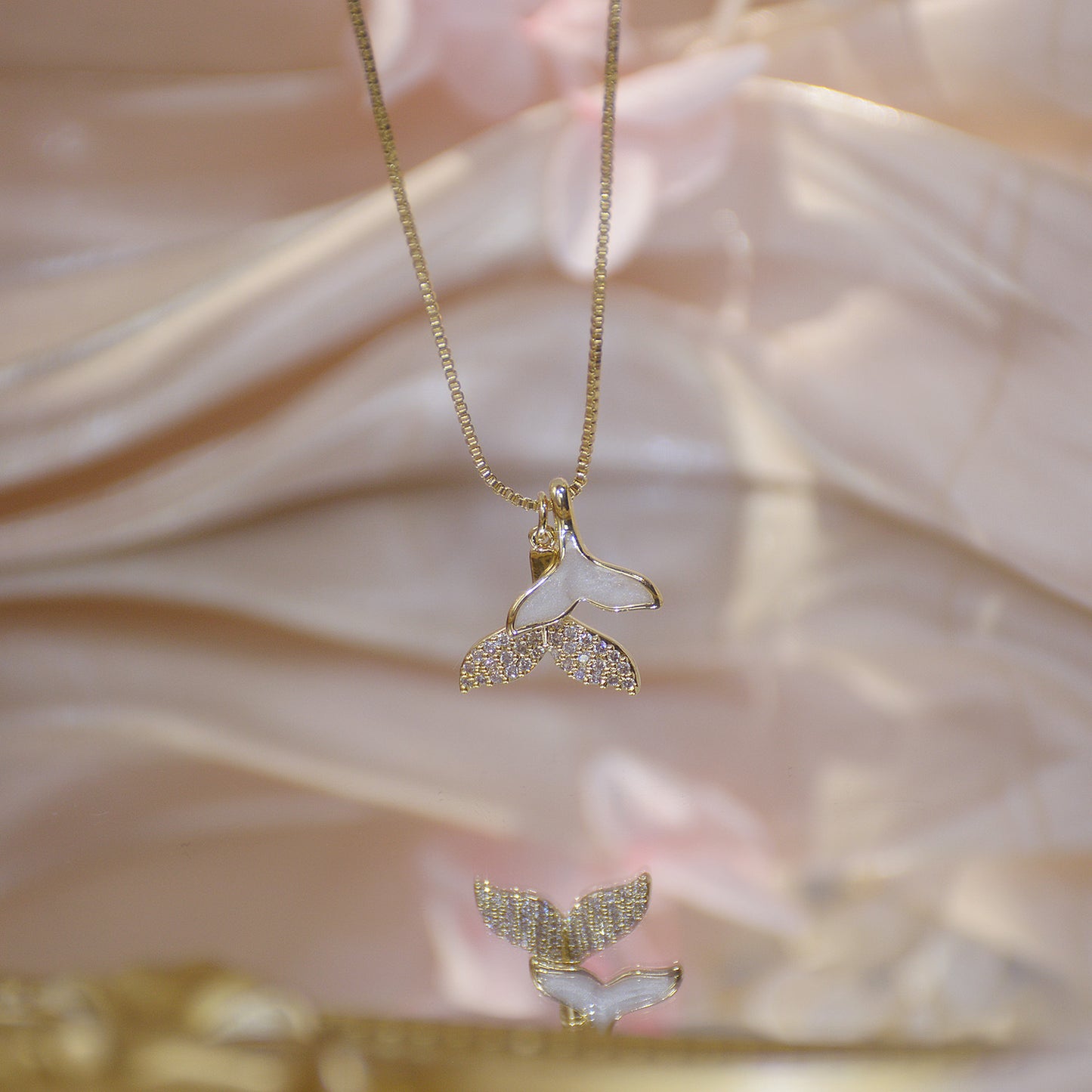 14K Gold Short Fish Tail Design Necklace with Zirconia