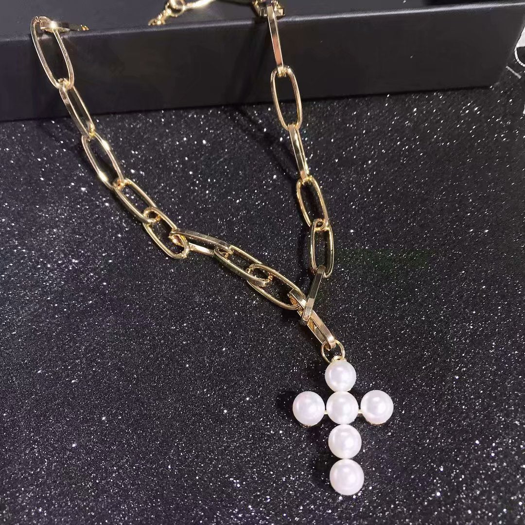 Vintage Pearl Cross Necklace with Queen Coin Pendant