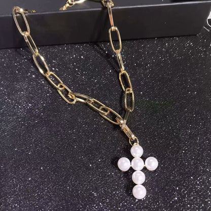 Vintage Pearl Cross Necklace with Queen Coin Pendant