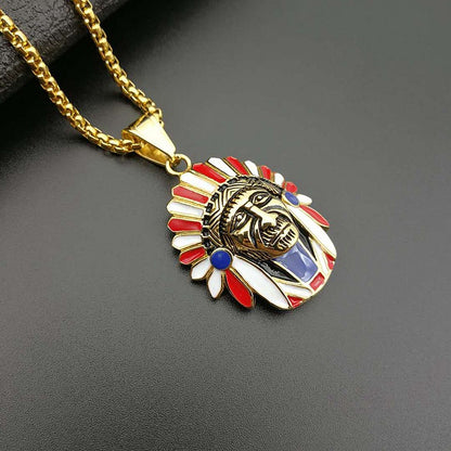 Gold-Plated Titanium Steel Indian Chief Pendant, Hip Hop