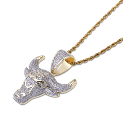 Hip Hop Bull Head Pendant Necklace with Zircon Stones