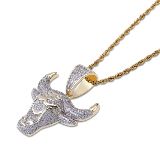 Hip Hop Bull Head Pendant Necklace with Zircon Stones