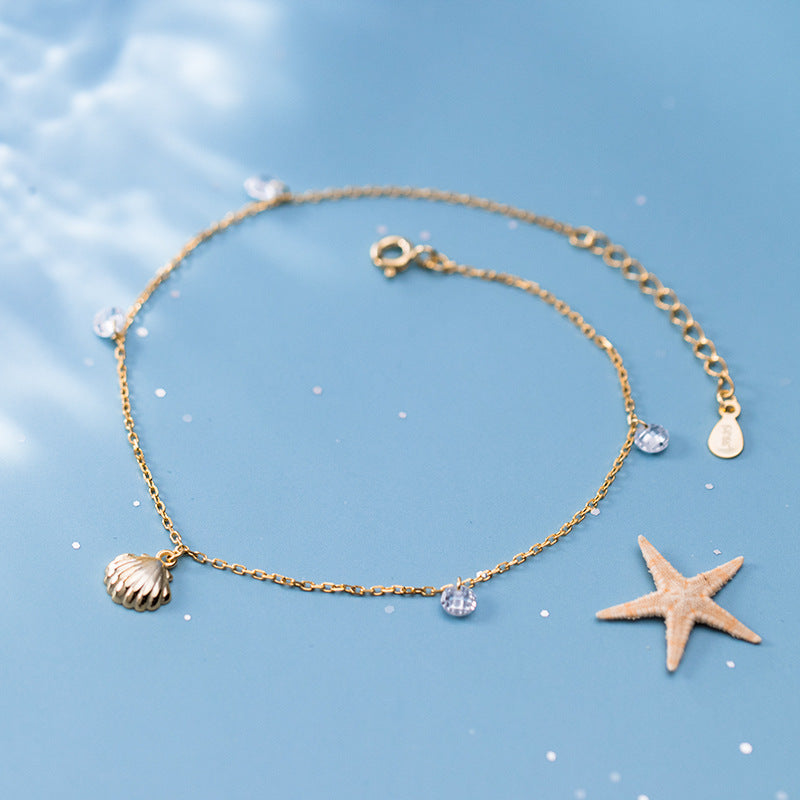 Ailuoqi S925 Silver Shell Anklet with Diamonds
