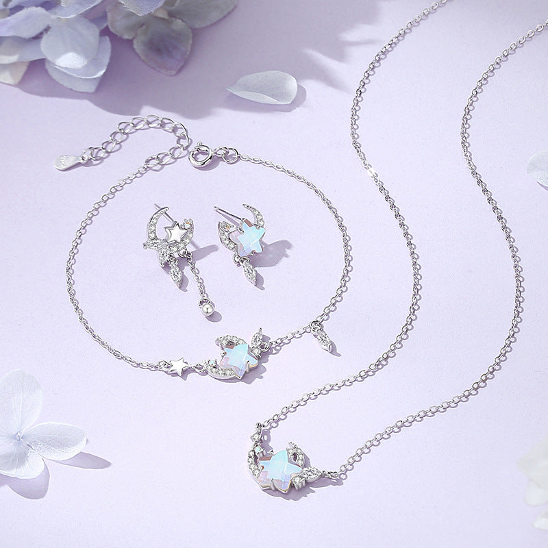 S925 Silver Moon and Flower Pendant Necklace