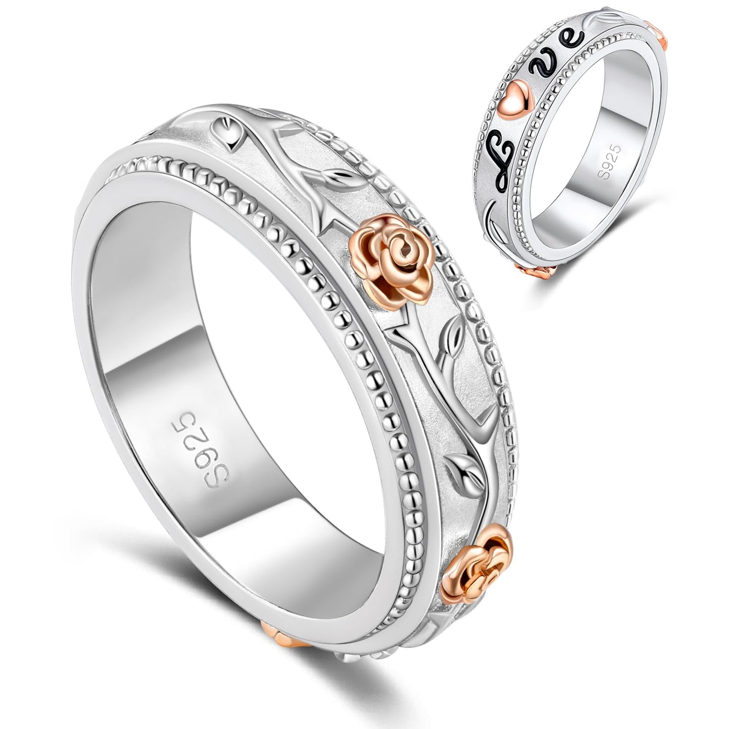 LYTTMAB Fidget Ring Spinner Ring for Anxiety Women Daughter Teen Real S925 Sterling Silver Fidget Ring Rose Love Ring Size 12