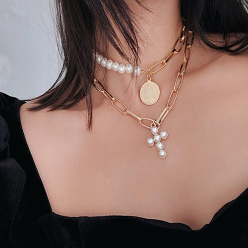 Vintage Pearl Cross Necklace with Queen Coin Pendant