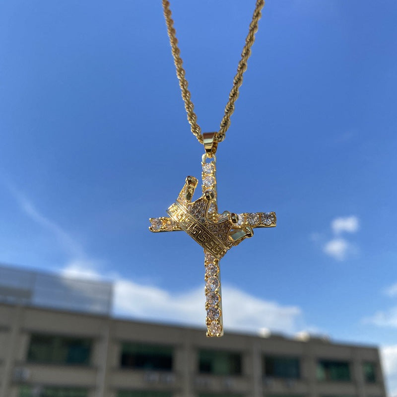Hip Hop Crown Zircon Cross Pendant Necklace (Unisex)