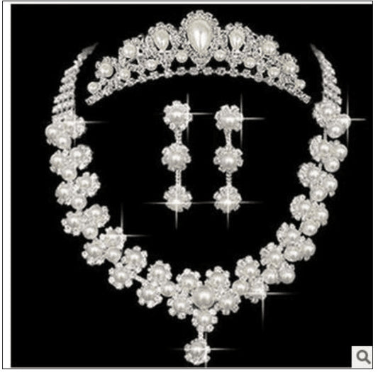 Pearl and Rhinestone Bridal Jewelry Set with Necklace and Earrings