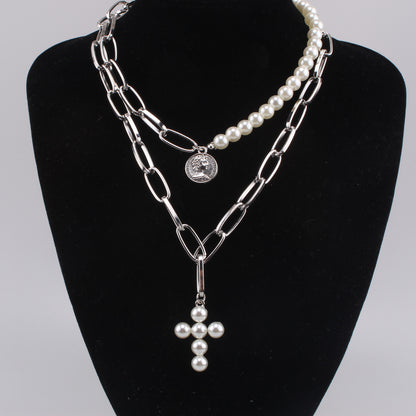 Vintage Pearl Cross Choker Necklace with Queen Pendant