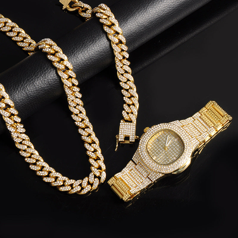 Hip Hop Men's Cuban Chain Necklace Bracelet Set