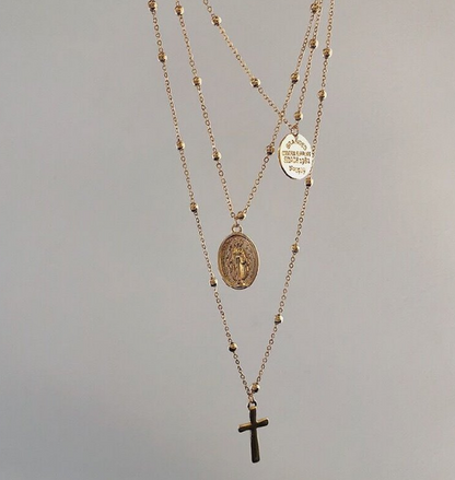 Virgin Mary Cross Necklace - Vintage Layered Coin Chain