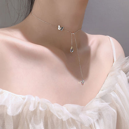 925 Silver Butterfly Waterdrop Tassel Necklace for Women