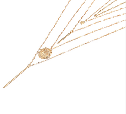 Vintage Multi-Element Layered Necklace Set with Sunflower