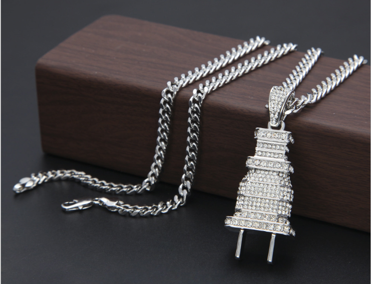 Full Rhinestone Plug Necklace with Hip Hop Pendant