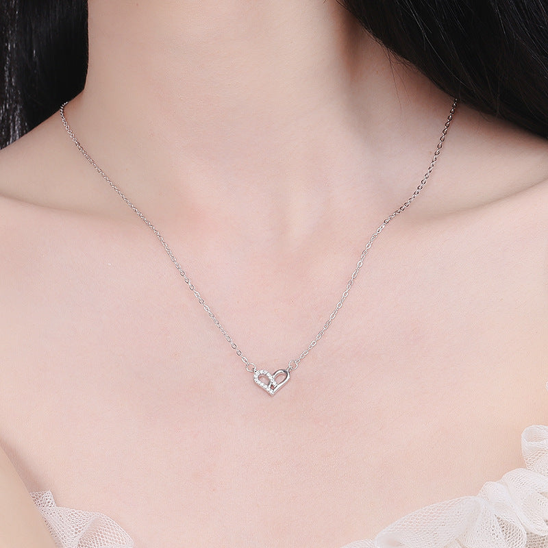 S925 Silver Heart Necklace with Diamonds for Women