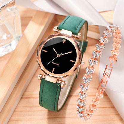 Fashionable Women's Casual Quartz Watch Set with Leather Band