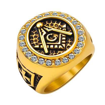Oaldilee Masonic Ring 18K Gold Plated Size 11 CZ Freemason Ring for men Punk Hip Hop Ring Masonic Jewelry