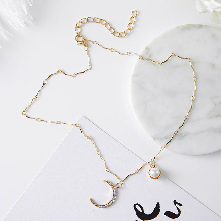 Crescent Moon Necklace with Pearl Choker Design