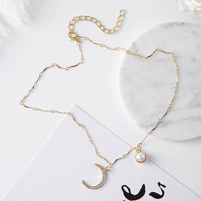 Crescent Moon Necklace with Pearl Choker Design
