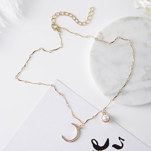 Crescent Moon Necklace with Pearl Choker Design