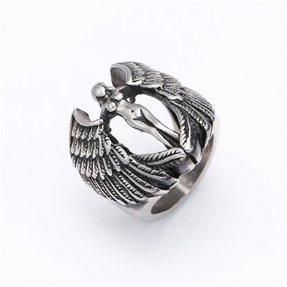 Men's Titanium Steel Ring with Gothic Cross and Wings