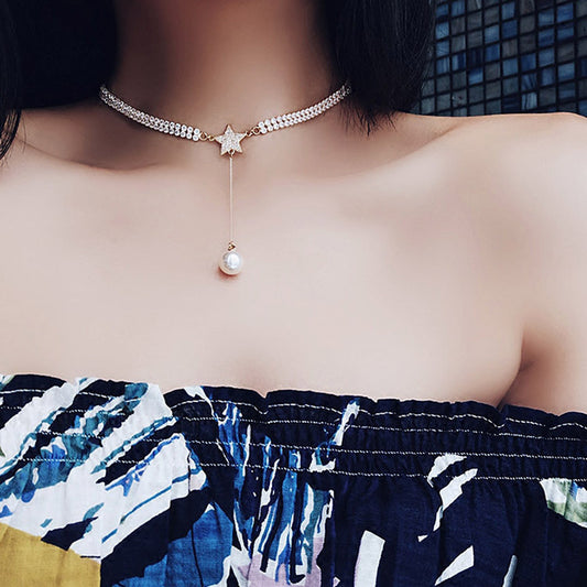 Korean Style Star Pearl Choker with Layered Tassels