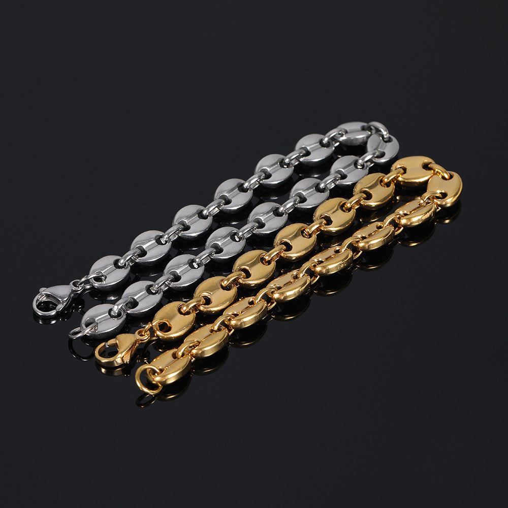 Coffee Bean Pig Nose Chain Bracelet, Stainless Steel Hip-Hop Jewelry