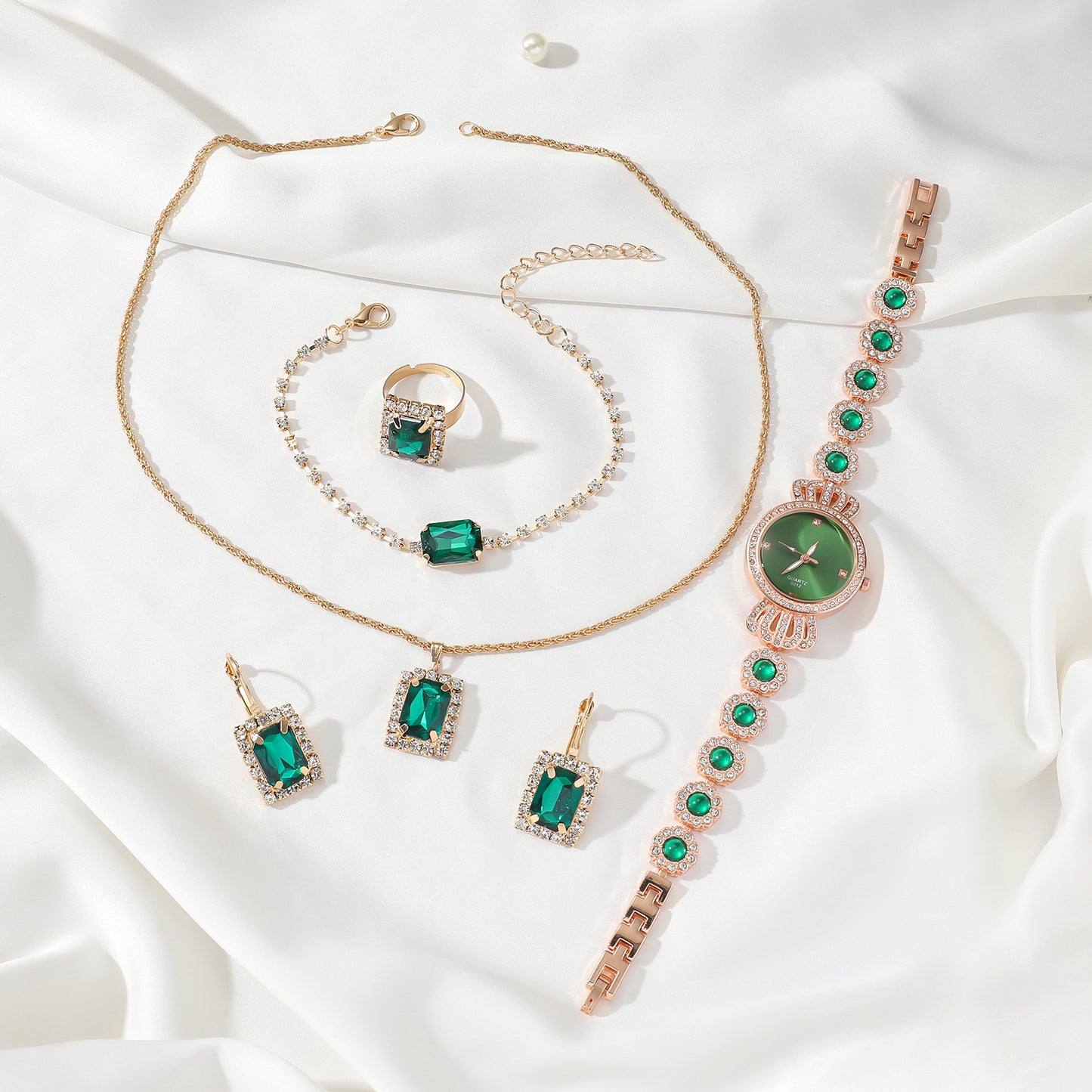 Women's Watch and Bracelet Set with Green Gemstone
