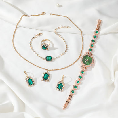 Women's Watch and Bracelet Set with Green Gemstone